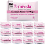 mivida 100 Count Hypoallergenic Individually Wrapped Makeup Remover Wipes with Vitamin E | Dermatologist Tested | Alcohol-Free, Fragrance-Free makeup remover wipes individually wrapped