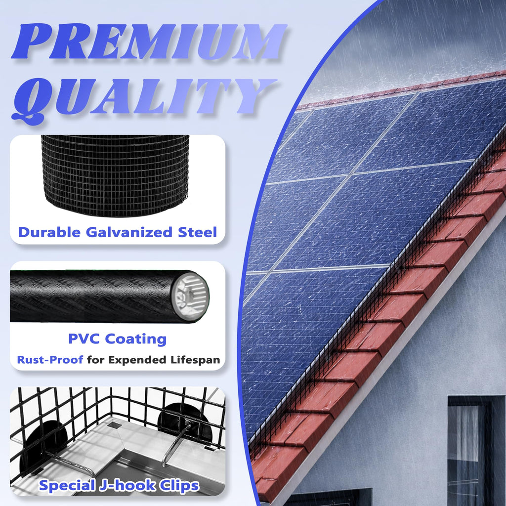 PROLEE Solar Panel Bird Guard with 100 Fastener Clips, 6 Inch x 100 FT Critter Guard for Solar Panels, 1/2 Inch PVC-Coated Galvanized Wire Mesh with Cable Cutter, Black