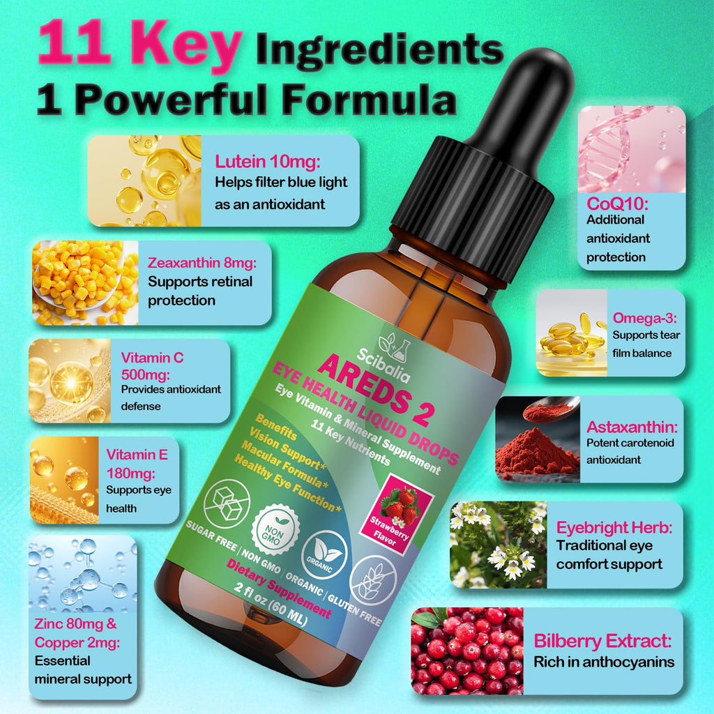 AREDS 2 Formula Liquid Drops, Advance 11-in-1 Eye Vitamins Lutein and Zeaxanthin Supplements w. Bilberry Eyebright Omega-3 for Vision Retina Macular Health, Areds Plus Multivitamin for Adult & Senior