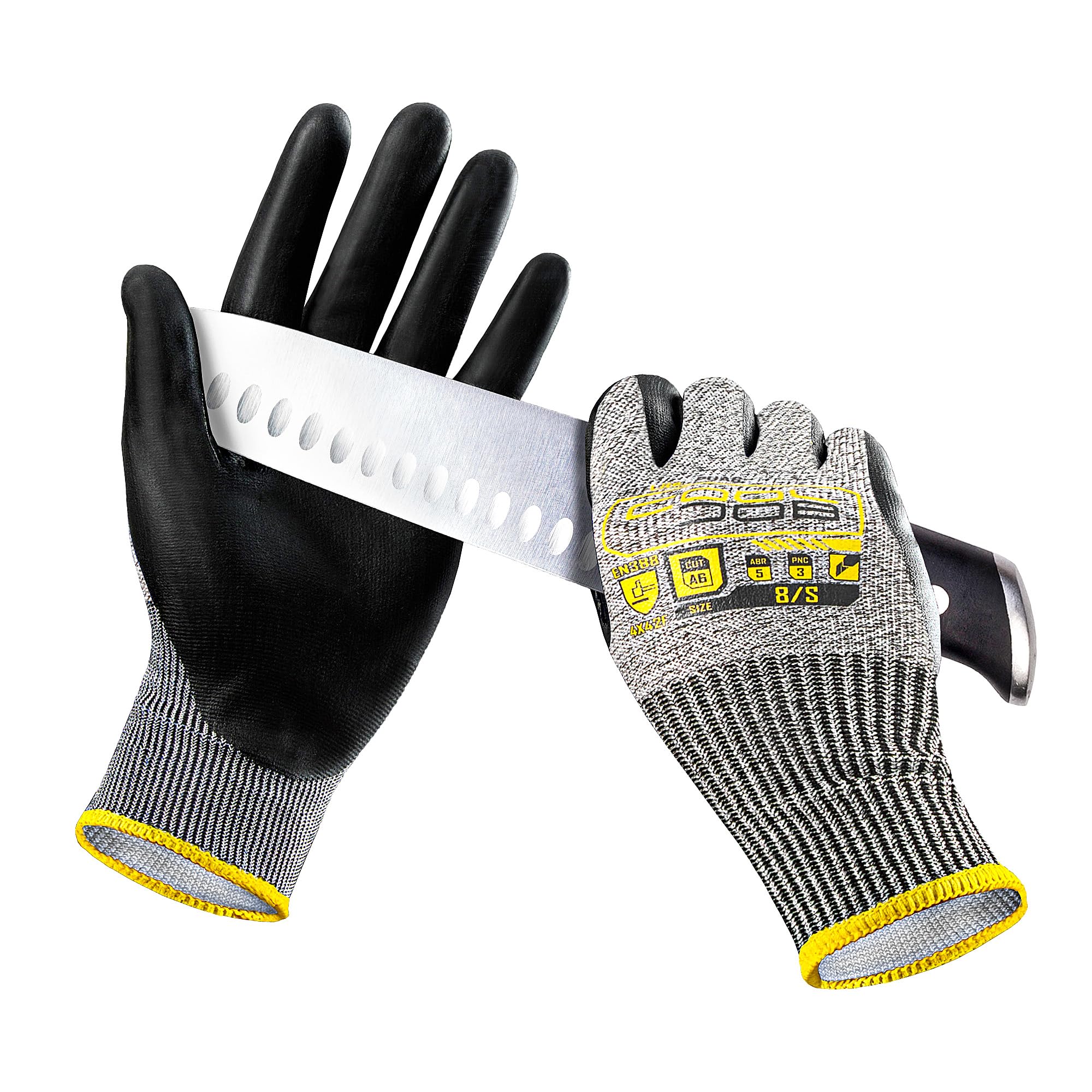 COOLJOB 12/120 Pairs A6 Cut Resistant Safety Work Gloves with Grip, Breathable & Lightweight Polyurethane PU Coated Protective Gloves for Wood Carving, Glass Handling, Mechanic Work, Gray Xlarge