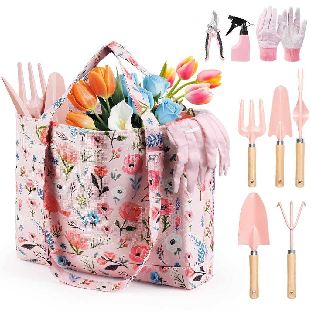 Grenebo Gardening Tools 10-Piece Garden Tool Set with Floral Bag, Pink Red