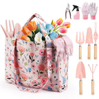 Grenebo Gardening Tools 10-Piece Garden Tool Set with Floral Bag, Pink Red