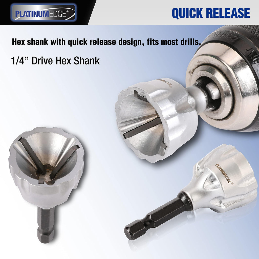 PLATINUMEDGE Deburring External Chamfer Tool with 3 Tungsten Carbide Blades,Quick Release 1/4" Hex Shank, Fits 1/8"-3/4" (3-19mm) – Repair Damaged Bolts, Screws, Threaded Rods & Pipe