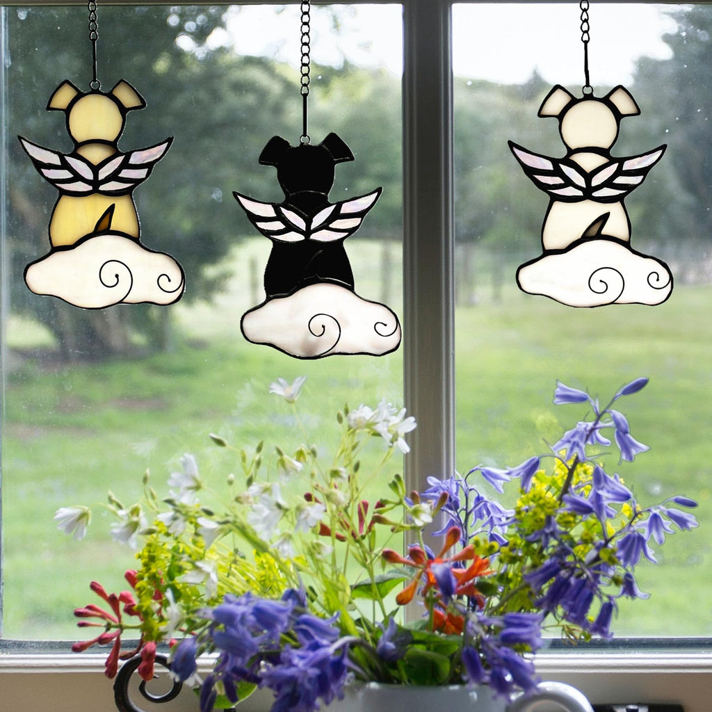 Lcensp Stained Glass Angel Wings Dog Memorial Gifts for Loss of Dog Sympathy Bereavement Gift Suncatcher, Rainbow Bridge Pet Passing Away Remembrance in Memory, Black