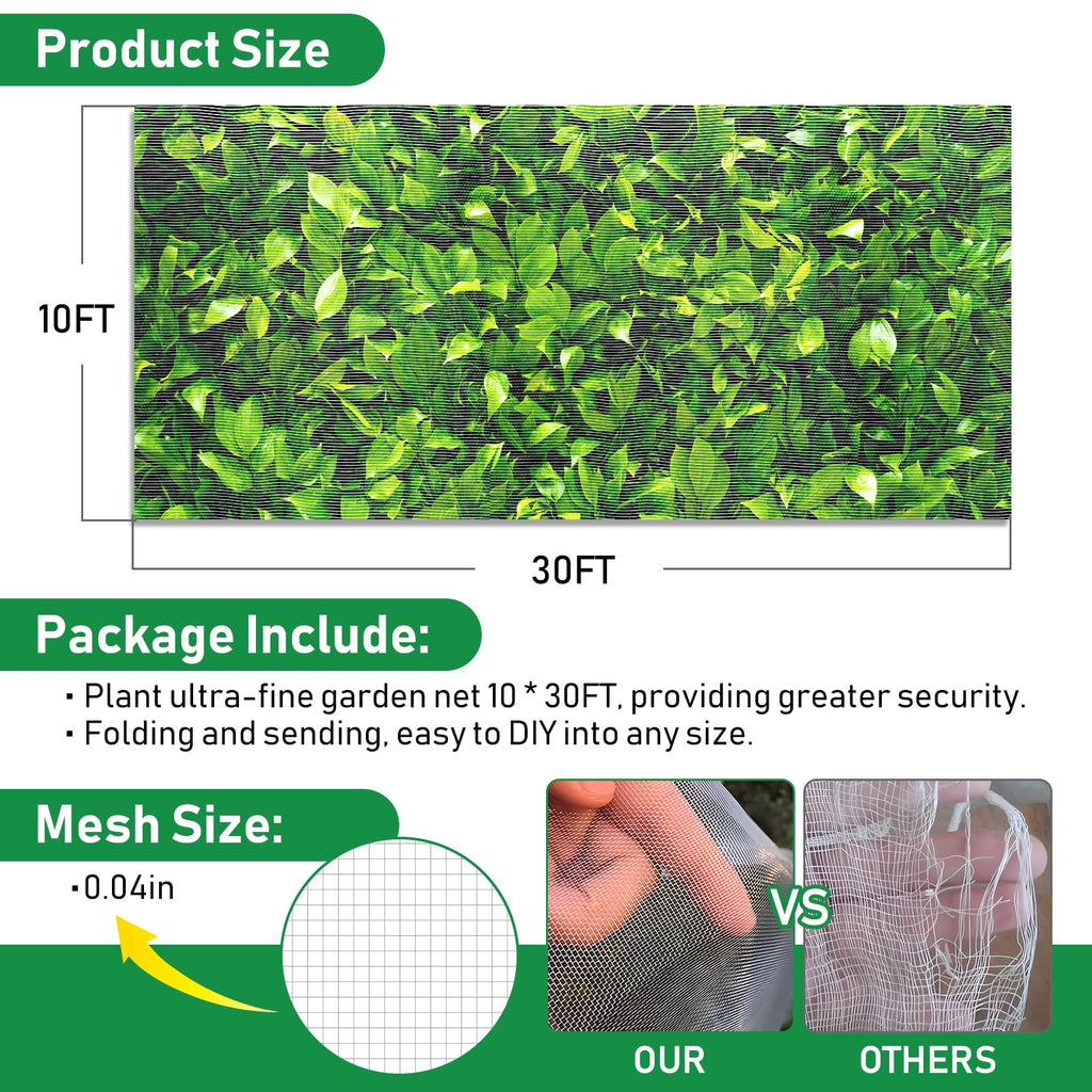 2Pack 10x30ft Garden Netting Mesh Barrier, Ultra Fine Mosquito Net for Patio,Garden Netting for Raised Beds,Fruit Tree Netting for Garden Protection Blueberry Bush Netting Cover