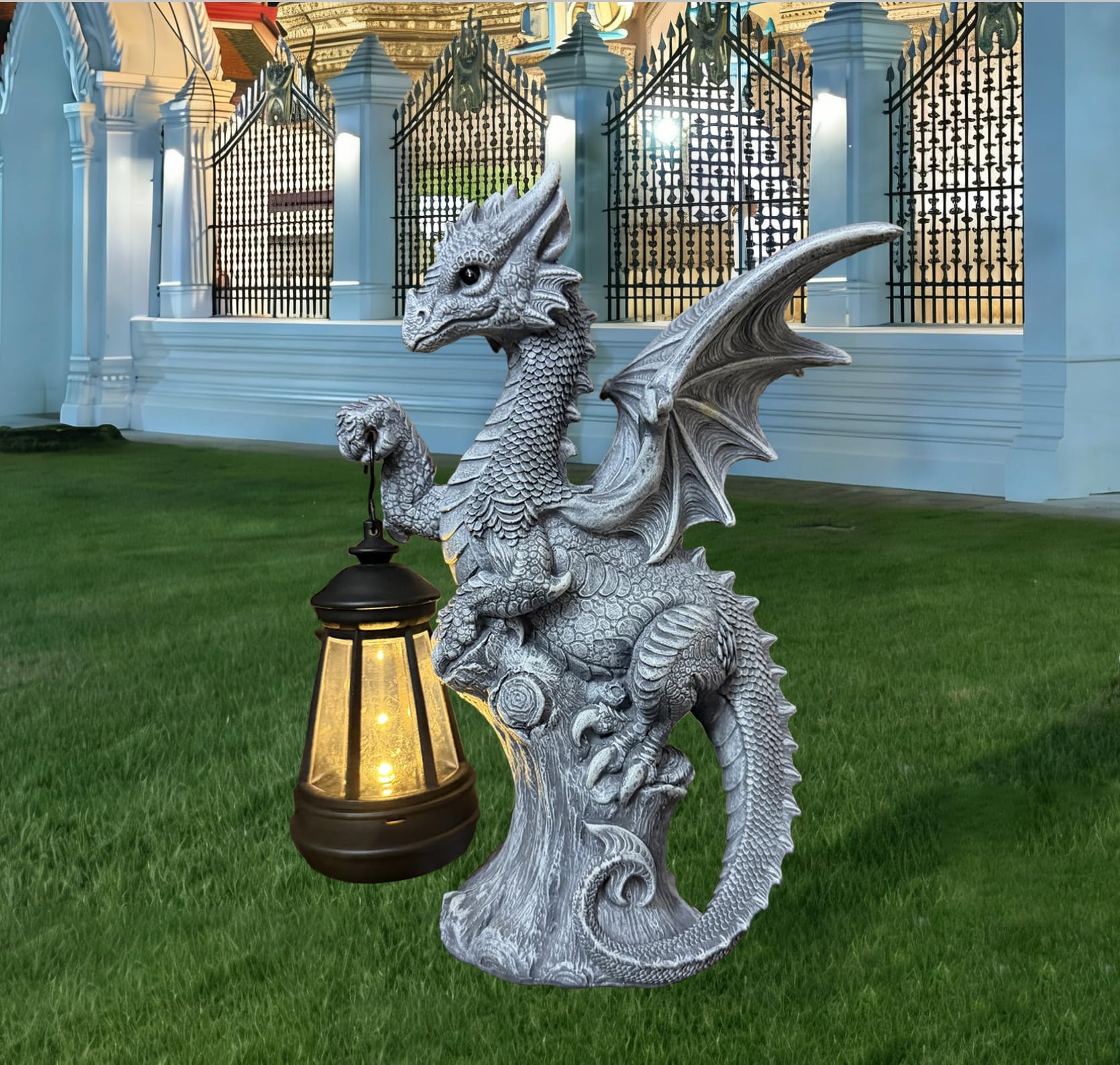 JORAE Dragon Statue with Solar Lantern Outdoor Figurine Home Decor 9.5" H