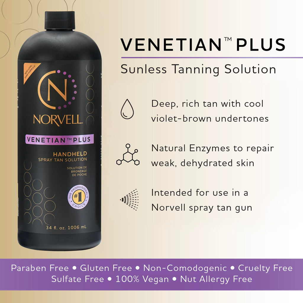 Norvell Premium Spray Tan Solution Venetian Plus 34 fl oz – Professional Sunless Tanning Formula for Deep Natural Bronze Glow, Streak-Free, Fast-Drying, Long-Lasting Color