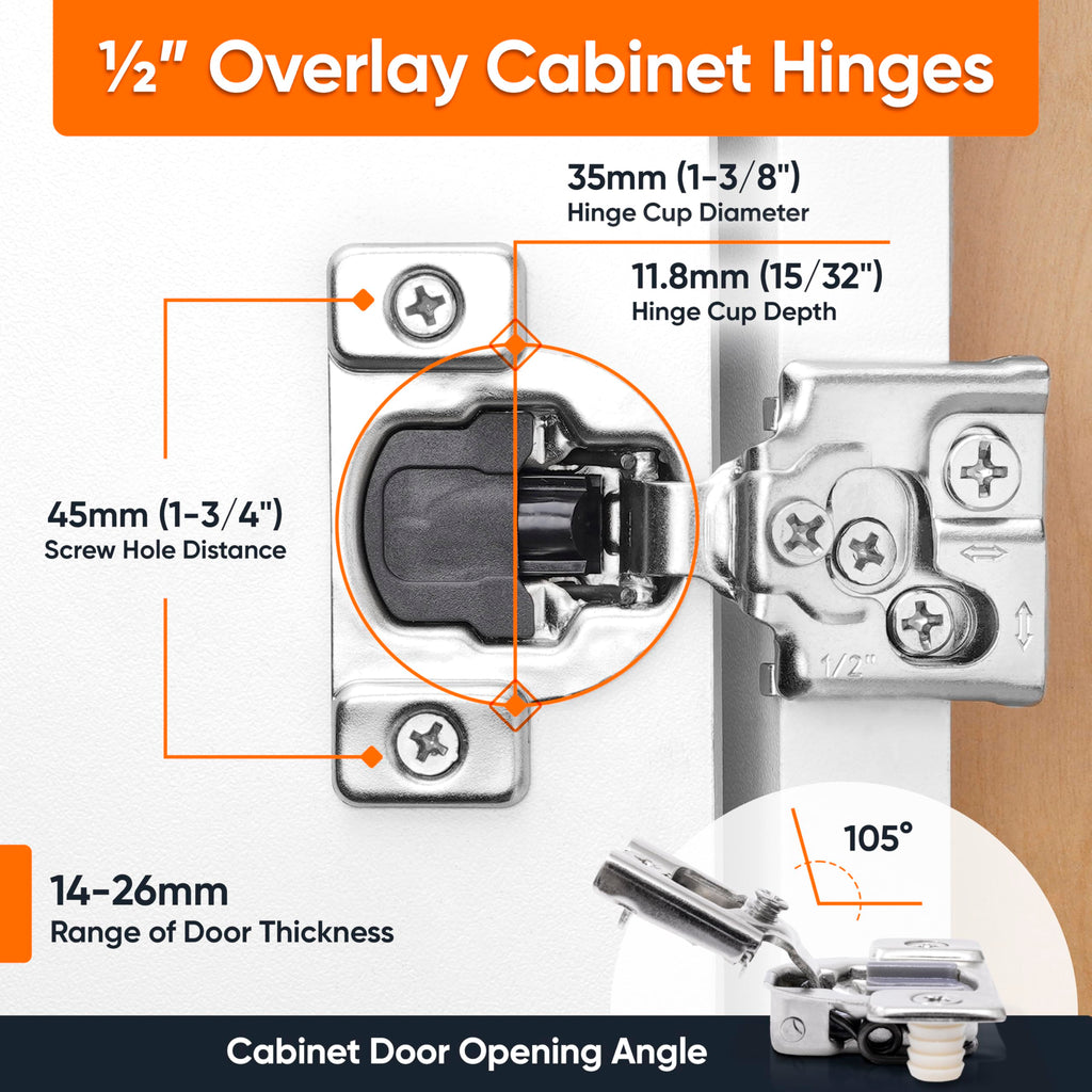 Decobasics 30 Pack Soft Close Cabinet Hinges – 1/2" Overlay for Kitchen Cabinet Doors, Slow Self-Closing Concealed Hidden Hinges for Face Frame –Stainless Steel, 3-Way Adjustable & Quiet Close Damper