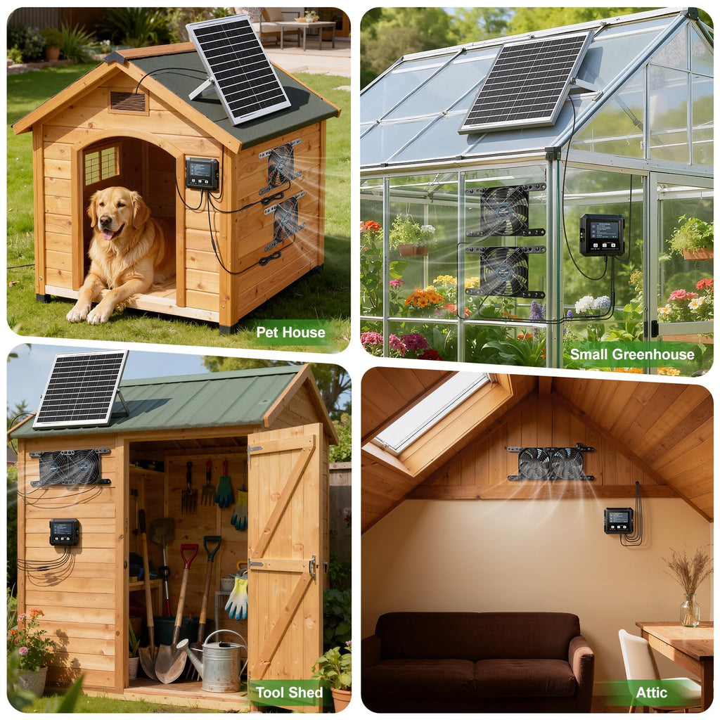 Solar-Powered Chicken Coop Exhaust Fan with Battery & Smart Sensing – 25W Solar Panel, 2 * 4.7" Fans, 3 Modes, IP65 Waterproof | Ideal for Chicken Coop, Dog House, Greenhouse, Outside