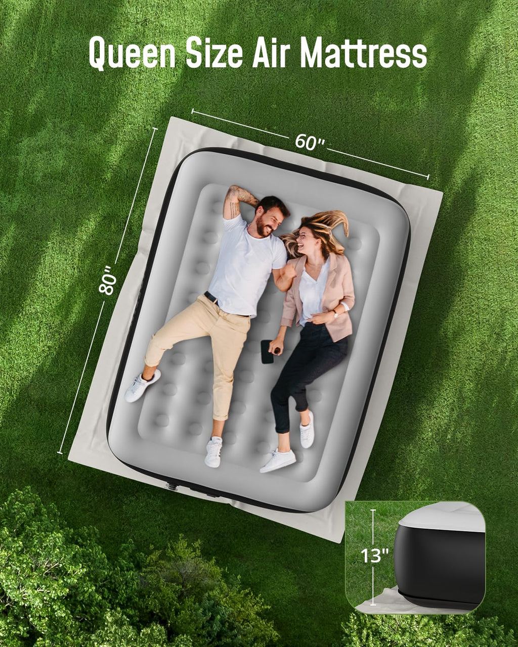 Airefina Queen Air Mattress with Built-in Pump 13", Comfort Blow up Mattress in 3 Mins Inflation/Deflation, Queen Size Inflatable Bed with Flocked Top for Camping, Home, Guest, Portable 80x60x13in
