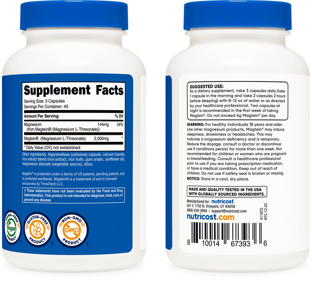 Nutricost Magnesium L-Threonate As Magtein 2000mg, 120 Capsules - Non-GMO, Gluten Free, Vegetarian Friendly