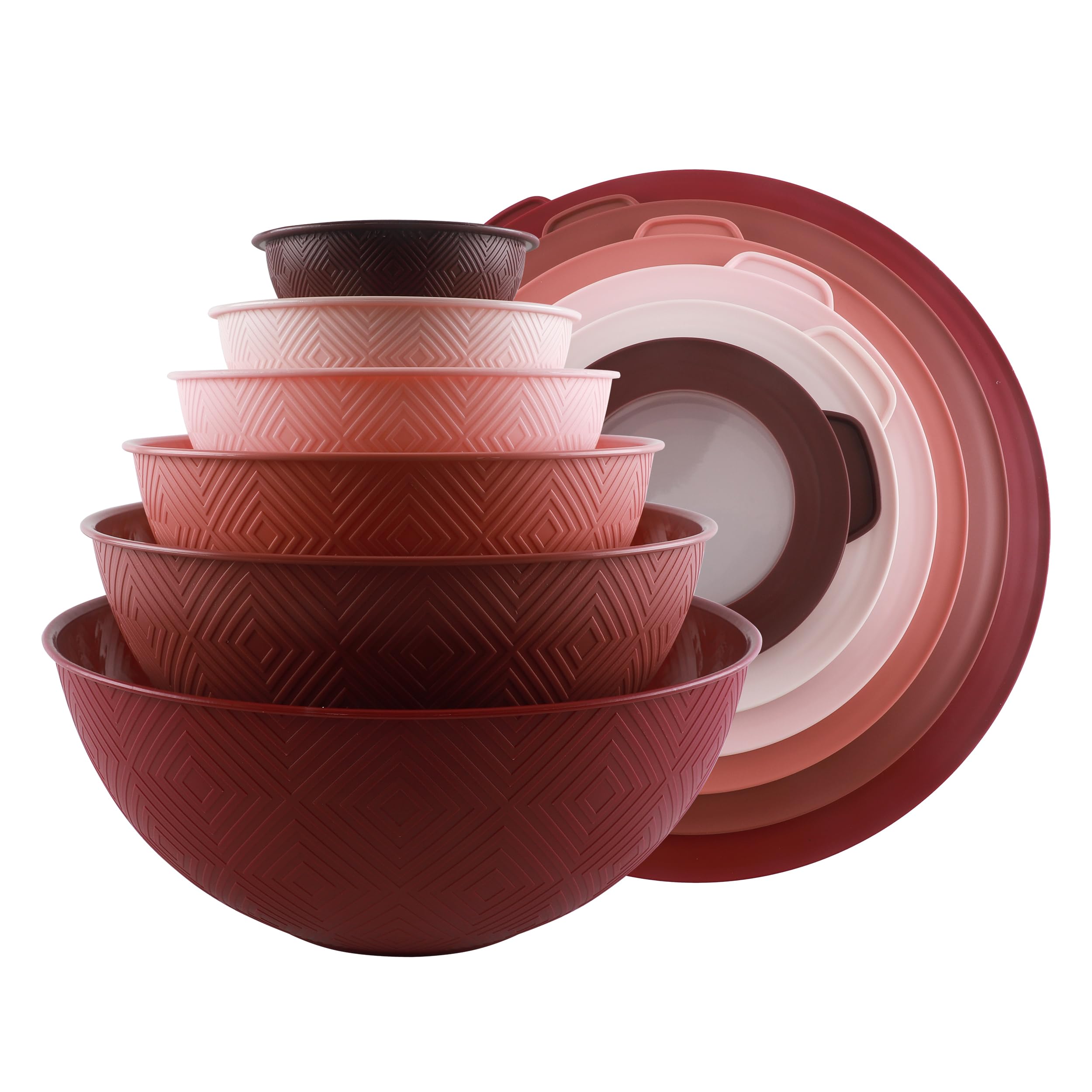 COOK WITH COLOR Mixing Bowls with Lids - 12 Piece Plastic Nesting Bowls Set includes 6 Prep Bowls and 6 Lids, Rhombus Design - Microwave Safe (Rose)