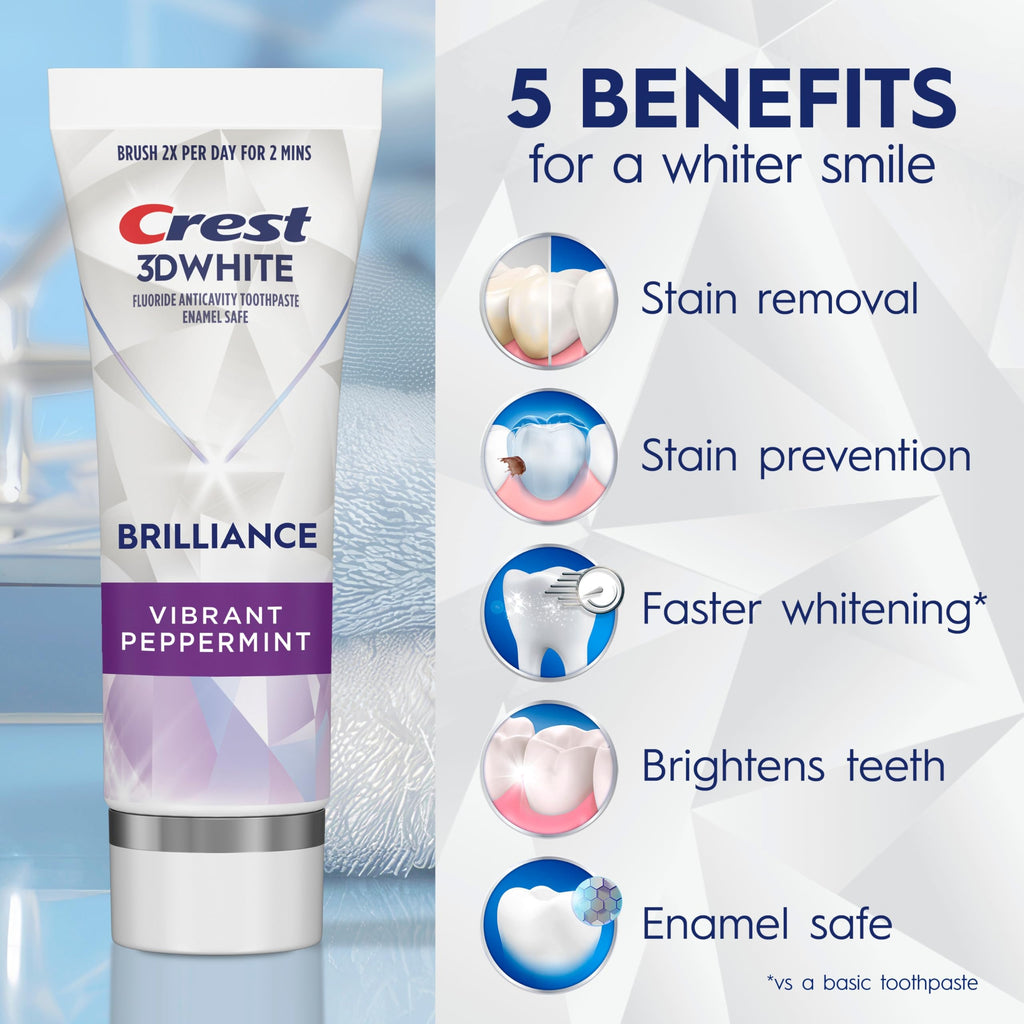 Crest 3D White Teeth Whitening Toothpaste for Adults, 4.6oz, 3 Pack, Stain Remover, Cavity Protection Fluoride Toothpaste, Strengthens Enamel, Faster Whitening, Brightens Teeth, Travel Size