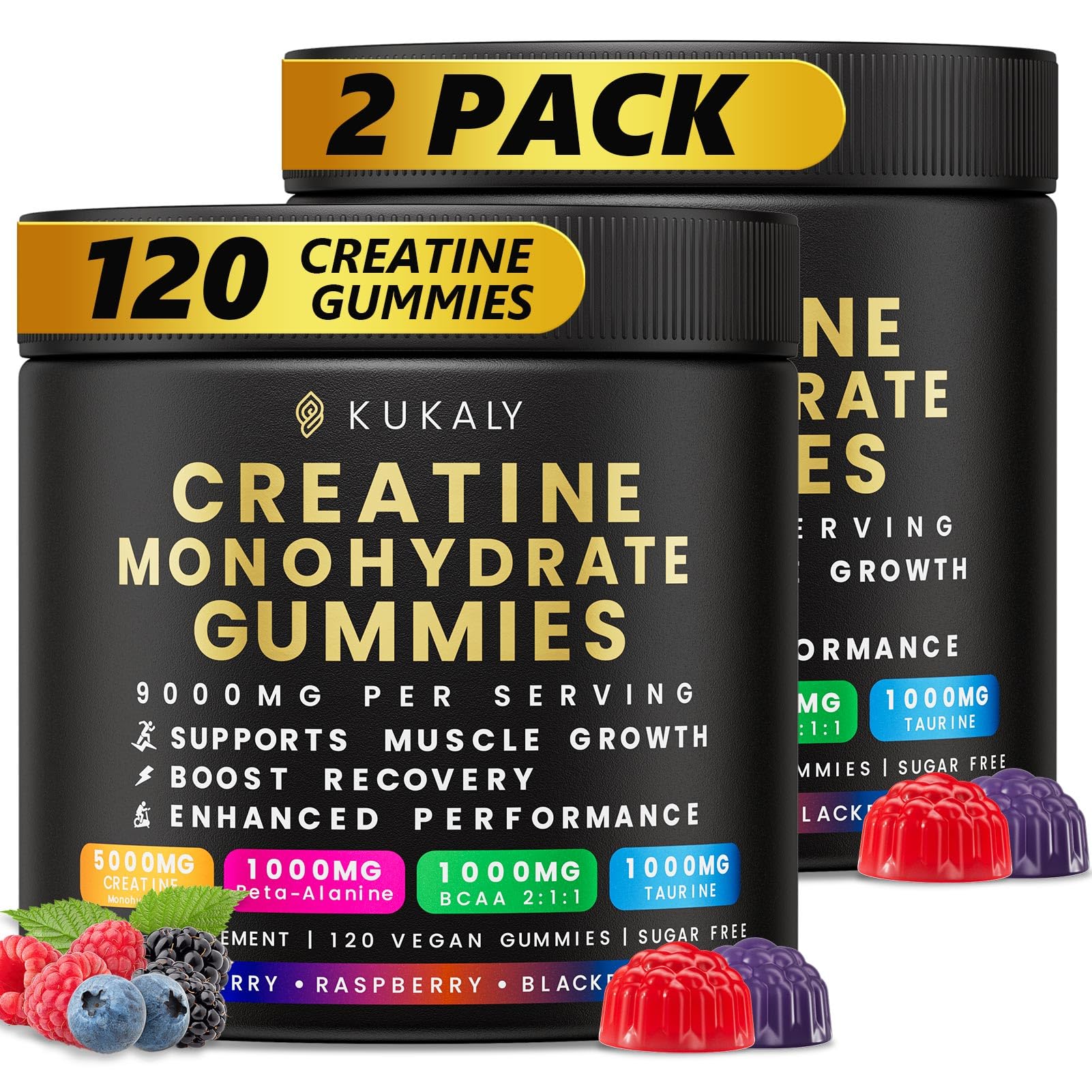 KUKALY Creatine Monohydrate Gummies for Men & Women, 9000MG Creatine Gummies Sugar Free Mixed Flavored with L-Taurine, BCAA 2:1, B12 B6 for Boost Strength, Focus & Endurance, Vegan, Non-GMO, 2 Bottle