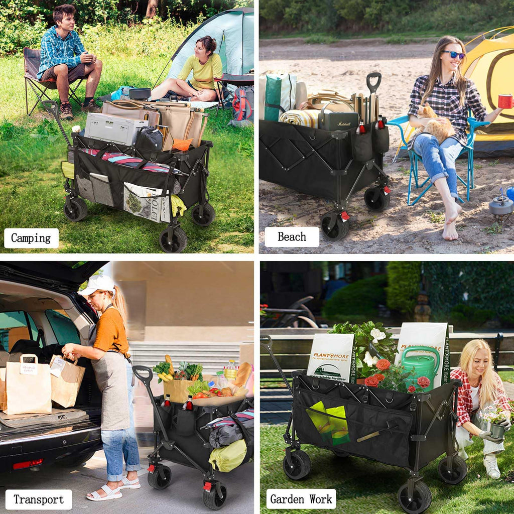HAUSPROFI Collapsible Wagon Cart, 400 lbs Capacity, 7 cu ft (200L) Large Storage, Heavy Duty Foldable Utility Wagon with Pockets, Beach Wagon with Big Wheels for Sand, Garden, Camping & Grocery