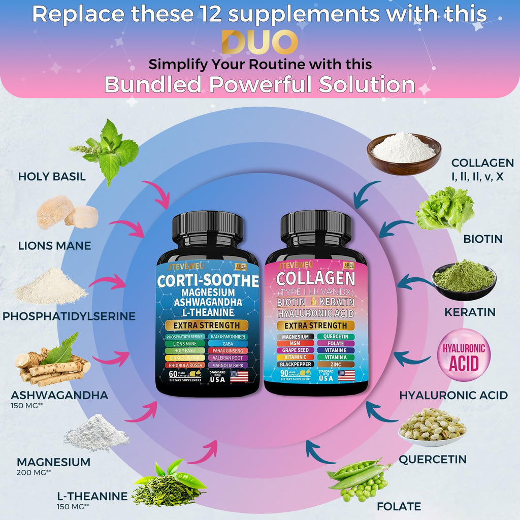 JTEVEweu Shining Serenity Set, Cortisol Support with Ashwagandha, L-Theanine, Magnesium, Lions Mane, GABA, Bacopa Monnieri, Collagen Biotin, Keratin, Hyaluronic Acid, Quercetin