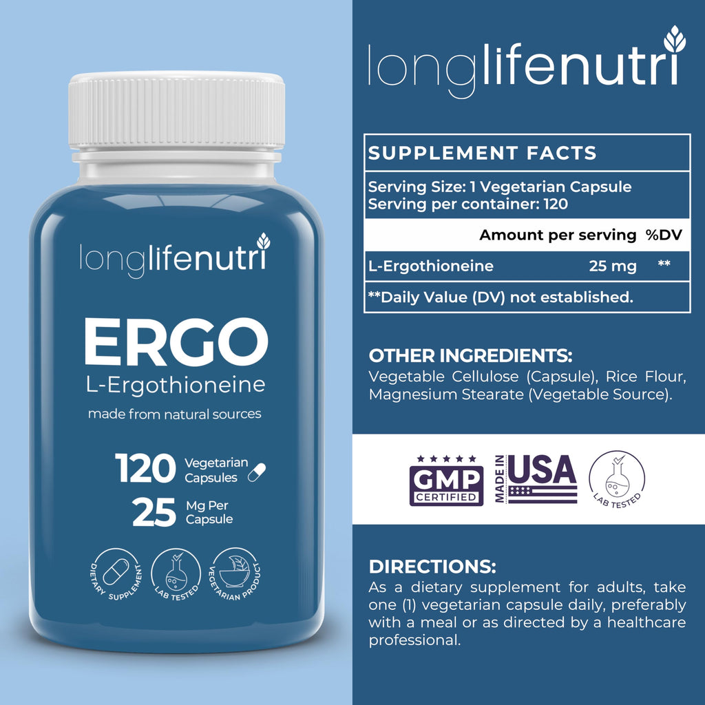 L-Ergothioneine 25mg - 120 Vegetarian Capsules, 4-Month Supply, Antioxidant Supplement for Wellness Routine, GMP Certified, Made in USA