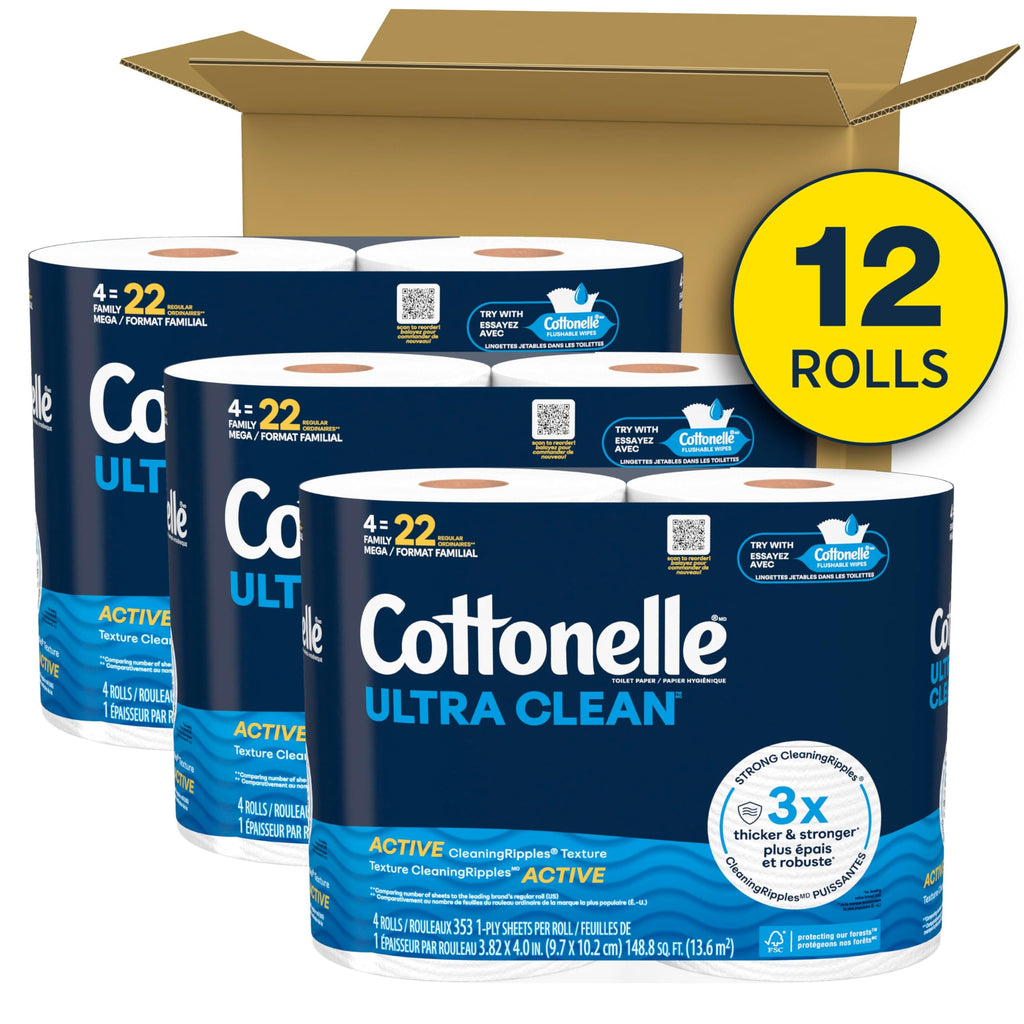 Cottonelle Ultra Clean Toilet Paper with Active CleaningRipples Texture, Strong Bath Tissue, 12 Family Mega Rolls = 66 Regular Rolls