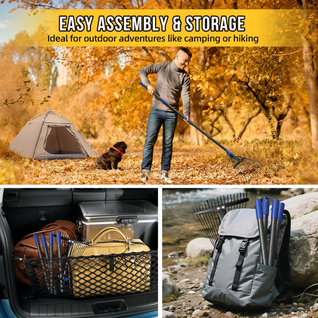 Adjustable Leaf Rake, Heavy Duty Metal Rake for Leaves, Long Handle 30"-60" with Expandable Head 8"-17", Collapsible Small Rakes for Lawns, Gardening, Yard, Camping, Shrub, Grass, Bush, Weed, Debris
