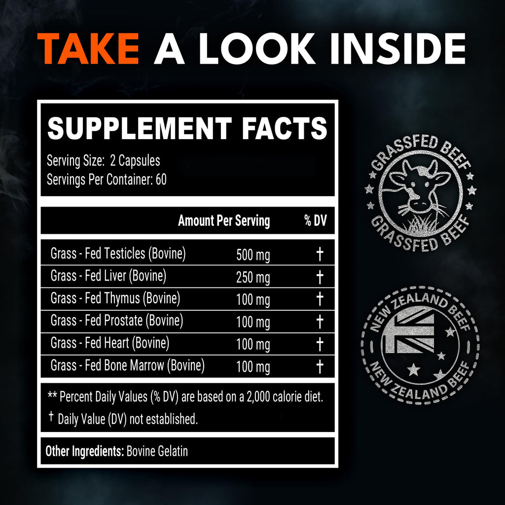 Ironclad Nutrition Beef Organ Supplement for Men - 100% Grass Fed Finished Bull Complex for Men’s Health - Freeze Dried Non-GMO Bovine Testes, Liver, Thymus, Pancreas, Heart, Bone Marrow, 120 Capsules