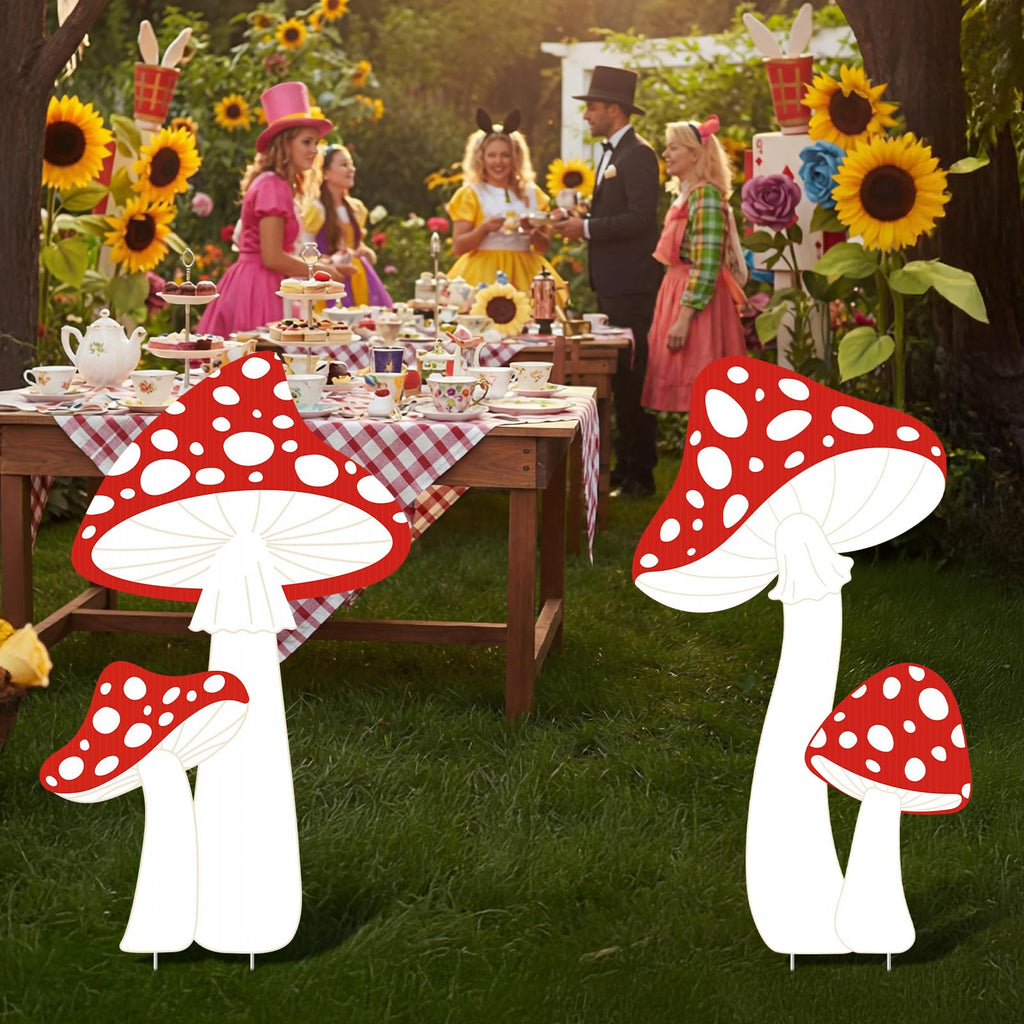 Panelee Wonderland Party Decorations, Mushroom Sign Yard Decoration with Stakes, Large Wonderland Mushroom Photo Background Decor for Indoor Outdoor Lawn Garden Woodland Birthday Tea Party Supplies