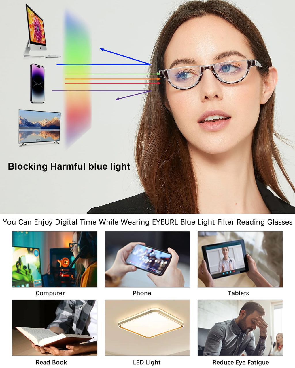 EYEURL Half Frame Reading Glasses for Women-5 Pack Blue Light Blocking Glasses Fashion Rimless Computer Readers for Women Anti UV Ray Eyeglasses with Spring Hinges,2.5