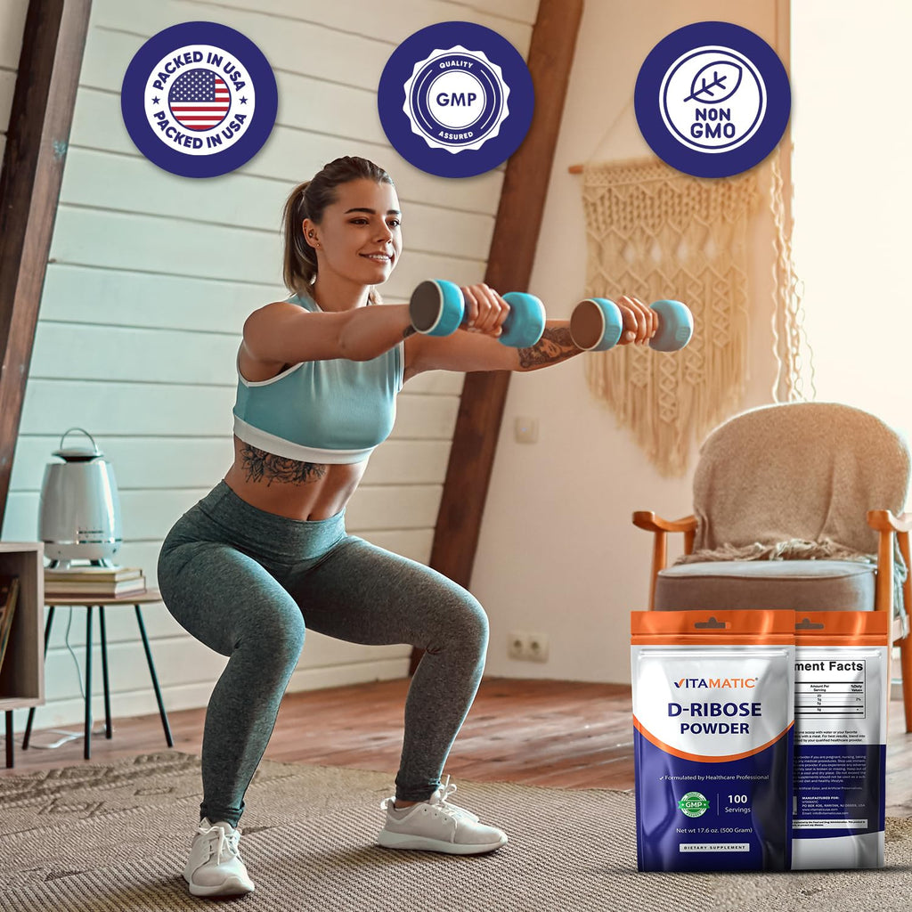 Vitamatic D-Ribose Powder 500g - 17.6 OZ (500 Gram) | Pure & Unflavored | Non-GMO | Easy-Mix Dietary Supplement