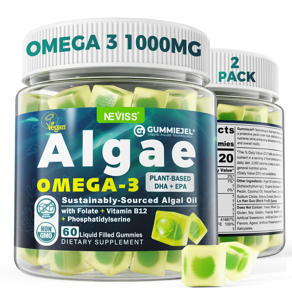 2 Pack Algae Omega 3 Gummies 1000mg, Plant Based DHA 460mg & EPA 230mg, Omega 3 Fish Oil Alternative for Adults, Plus MethylFolate, Vitamin B12, Phosphatidylserine, No Fishy Taste, Vegan, Sugar Free