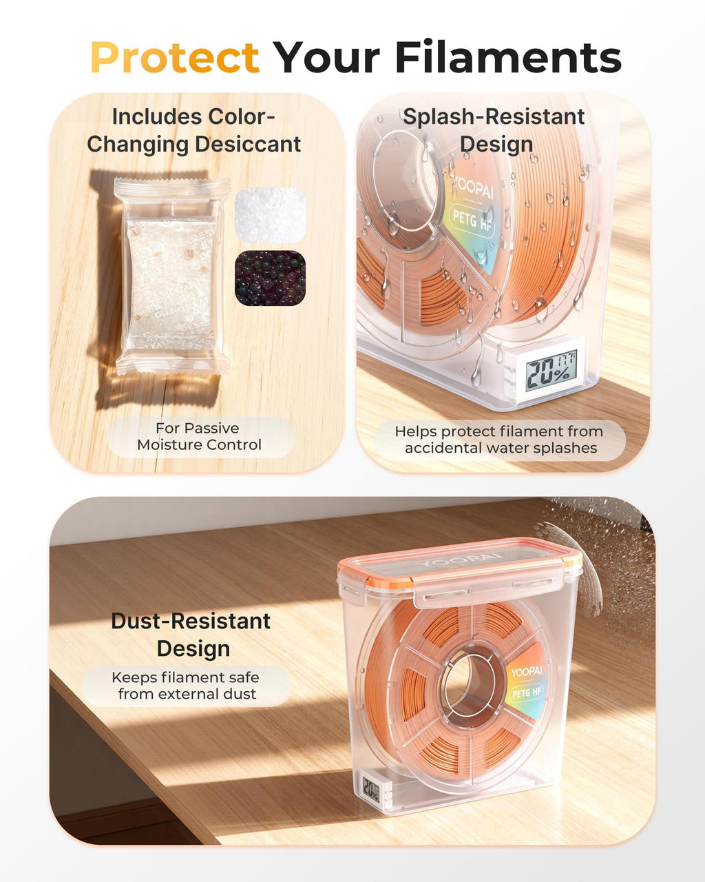 YOOPAI Pro Filament Storage Box with Temperature & Humidity Monitor – Single Spool Airtight Filament Container, Visible Temperature & Humidity Display, Moisture & Dust Proof for 3D Printing(3 Pack)
