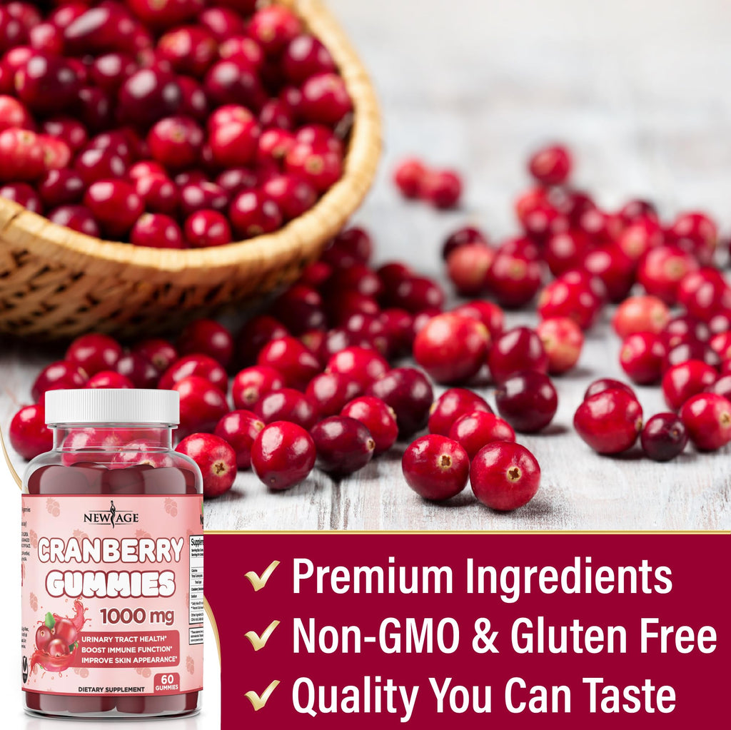 NEW AGE Cranberry Gummies Urinary Tract Health Gummies 1000mg - Supports Bladder, Kidney, UTI - Vegetarian (Cranberry 60 Gummies)