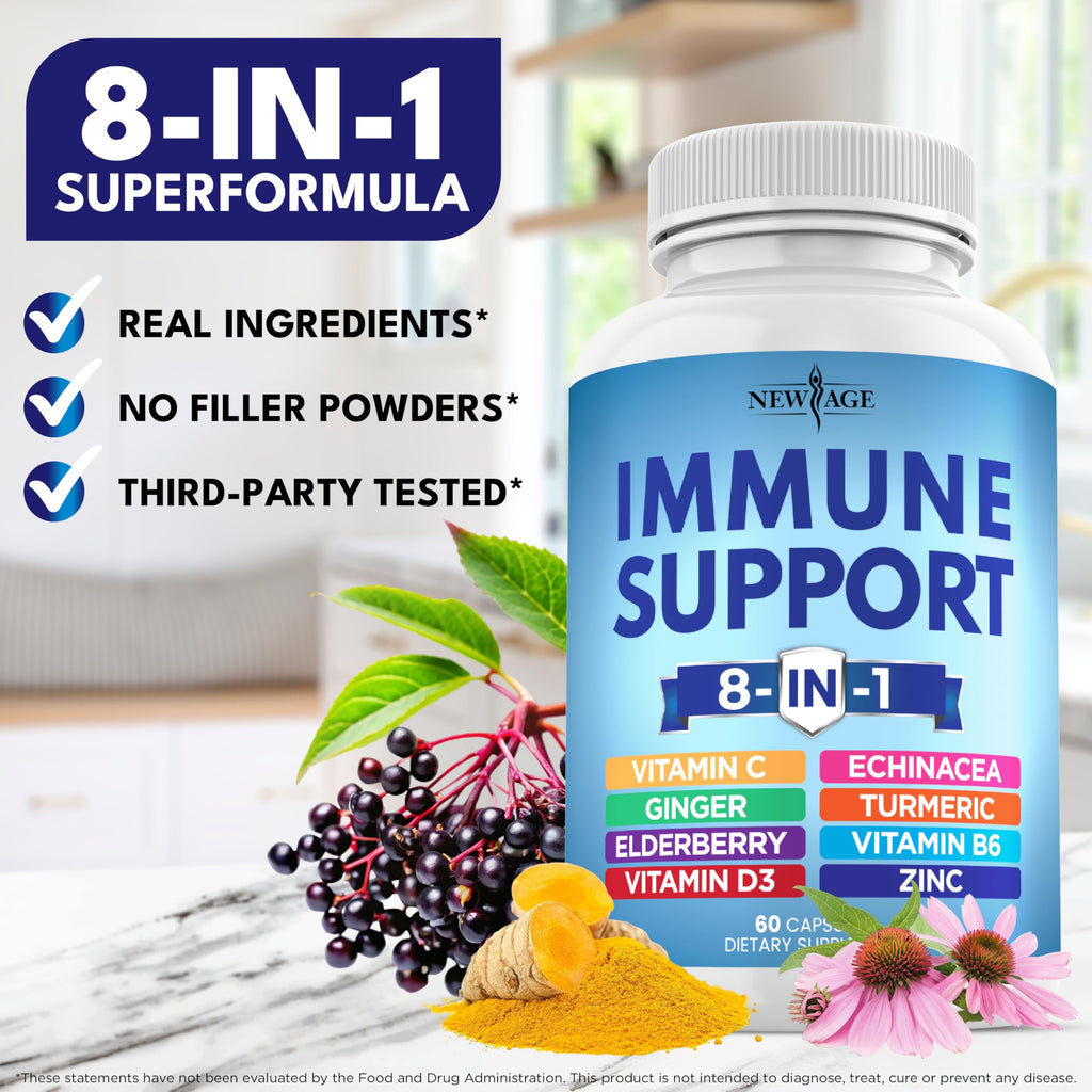 NEW AGE 8 in 1 Immune Support Booster Supplement with Echinacea, Vitamin C and Zinc 50mg, Vitamin D 5000 IU, Turmeric Curcumin & Ginger, B6, Elderberry 120 Count (Pack of 2)
