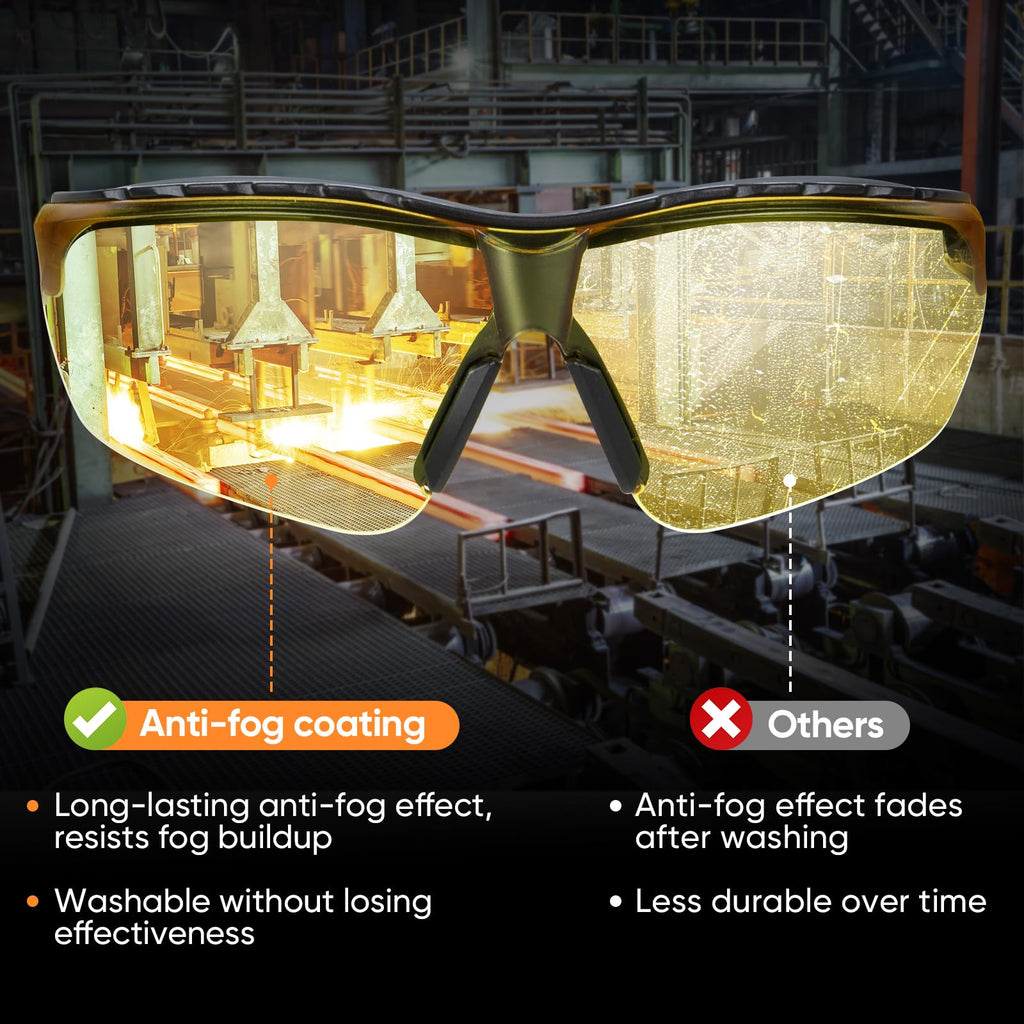TICONN Anti-Fog Safety Glasses for Men and Women, ANSI Z87.1 Scratch Proof Eye Goggles with Adjustable Arms and UV Protection (Yellow, 1PK)