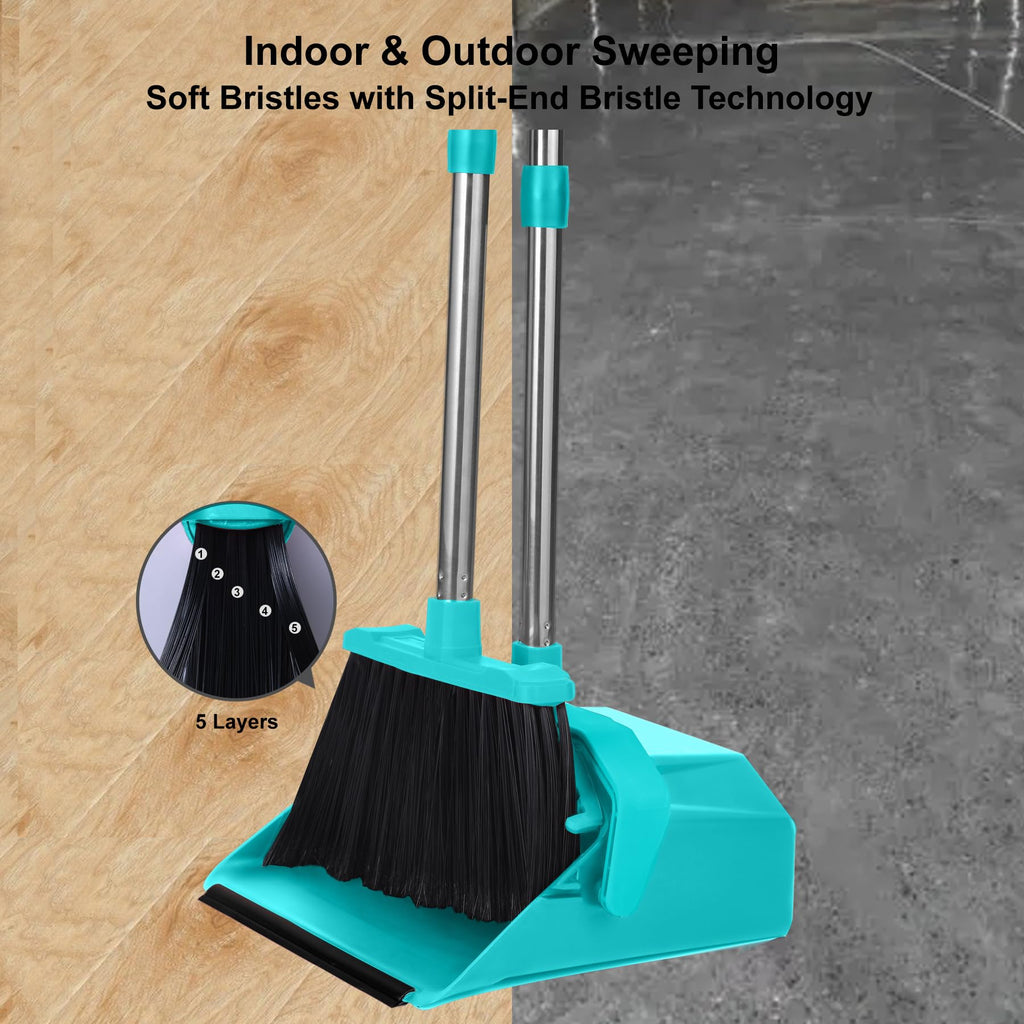 Tiumso Upgrade Broom with Dustpan Combo Set, Broom and Dustpan Set with 51'' Long Handle, Large Upright Brooms and Dust Pans, ZeroGap Lip, Self-Cleaning Dustpan Teeth for Lobby and Restaurant - Blue
