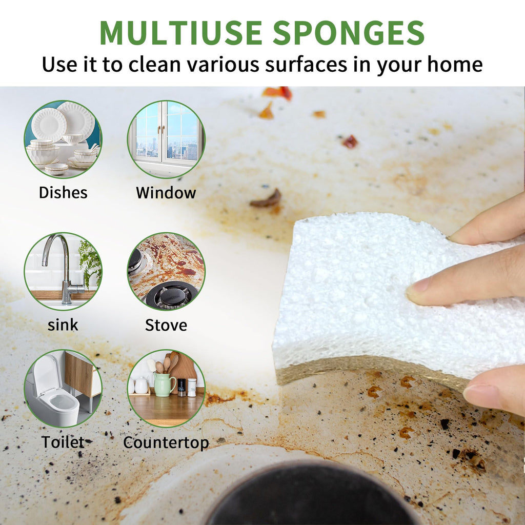 KICKLEEN 16 Pack Biodegradable Natural Kitchen Sponge - Compostable Cellulose and Coconut Walnut Scrubber Sponge - Eco Friendly Sustainable Sponges for Dishes
