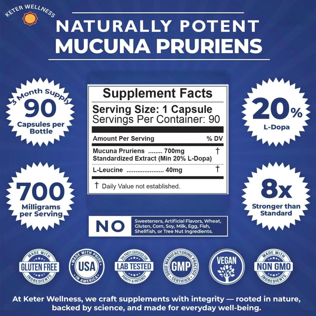 Mucuna Pruriens 20% L-Dopa – Standardized Velvet Bean Extract for Natural Dopamine, Focus & Mood Support – Pure 8:1 Concentrated Herbal Supplement – Vegan, Non-GMO, 90 Capsules