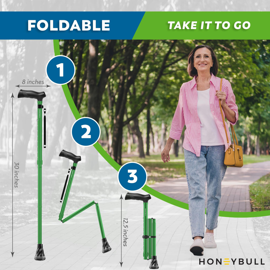 HONEYBULL Walking Cane for Men & Women – Foldable, Adjustable, Lightweight Cane with Air Cushion Tip for Stability & Ergonomic Grip, Heavy Duty Walking Sticks for Seniors (Green)