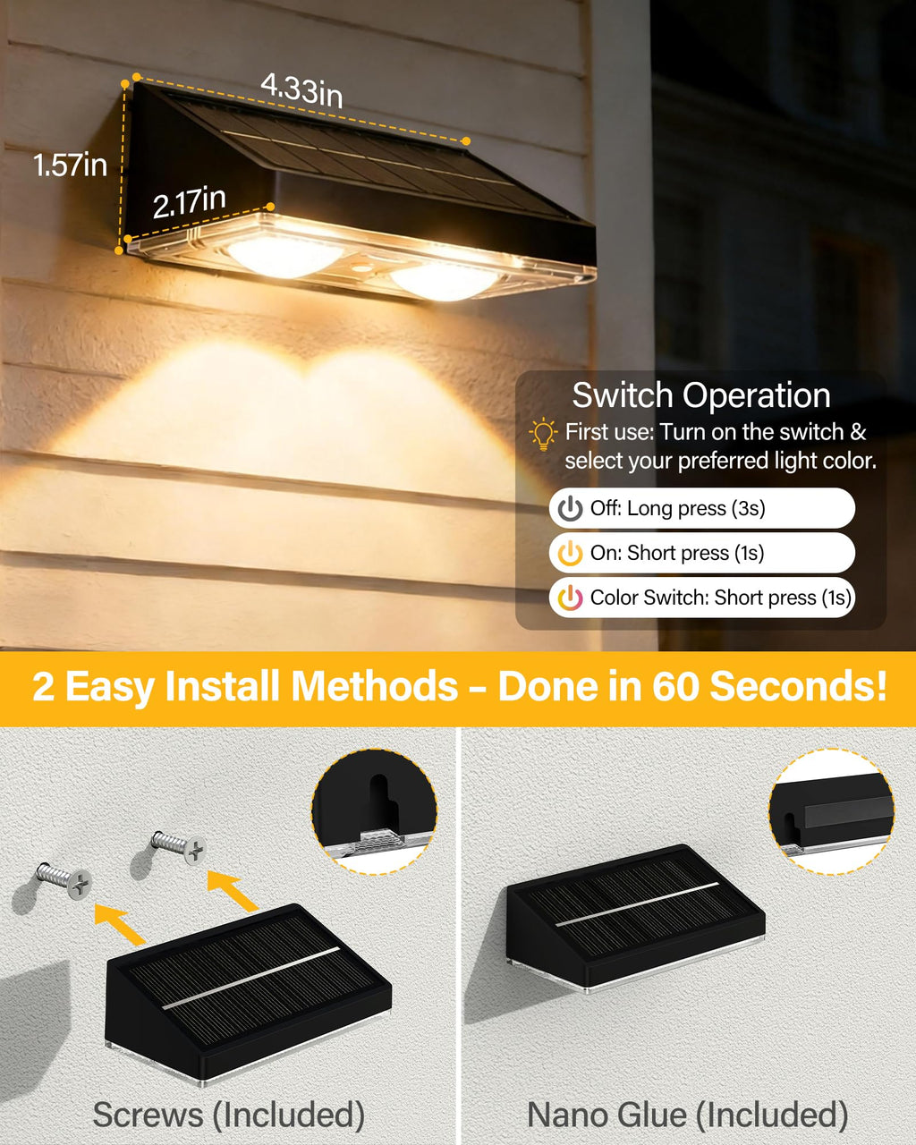 Toeuie Solar Fence Lights Outdoor, 6 Pack Ultra-Bright 85LM Fence Lights Solar Powered, 9 RGB Color Modes, IP65 Waterproof, 12H Dusk to Dawn Glow for Pool/Deck/Patio/Wall/Backyard - Black