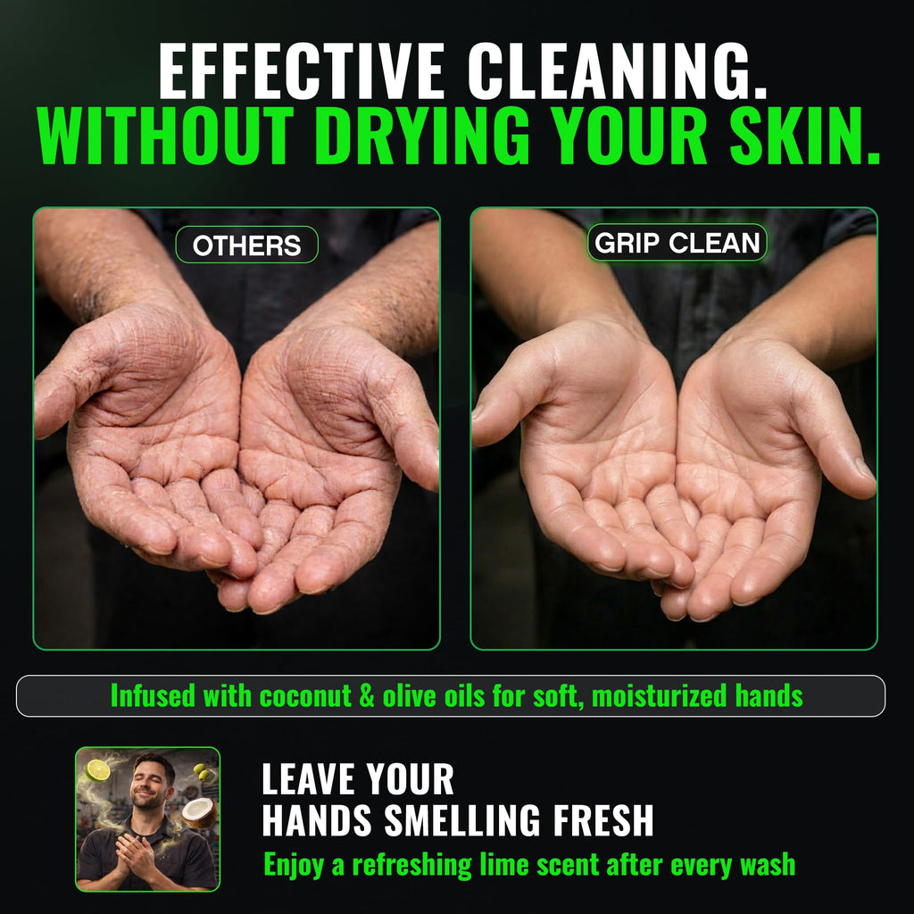 Grip Clean 4 Pk Combo – Hand Cleaner for Mechanics with Wall-Mounted Soap Dispenser + 2 Gallons Heavy-Duty Liquid Pumice Hand Soap, Natural Clay & Coconut Oil for Auto Mechanics, Industrial, & Garage