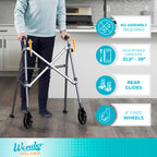 Stander Space Saver Walker, Lightweight Folding Rolling Mobility Aid for Seniors & Adults, Compact 2-Wheel Disability Device with 6-inch Wheels & Ski Glides for Walking Support, Regal Rose