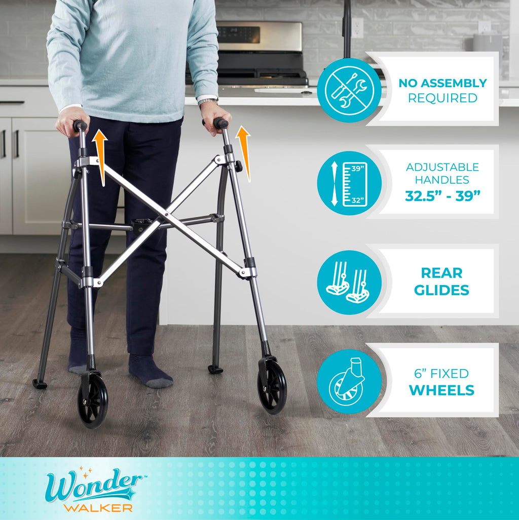 Stander Space Saver Walker, Lightweight Folding Rolling Mobility Aid for Seniors & Adults, Compact 2-Wheel Disability Device with 6-inch Wheels & Ski Glides for Walking Support, Cobalt Blue