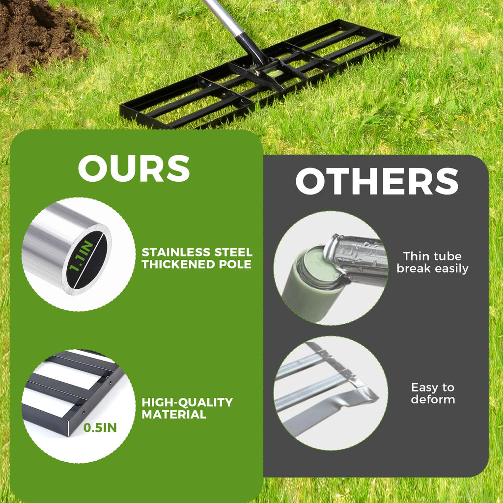 Lawn Leveling Rake, 45"x10" Stainless Steel Lawn Leveler with 76" Adjustable Handle, Heavy-Duty Yard Leveling Rake for Garden, Golf Course, Farm, Pasture, Professional Lawn Care Tool