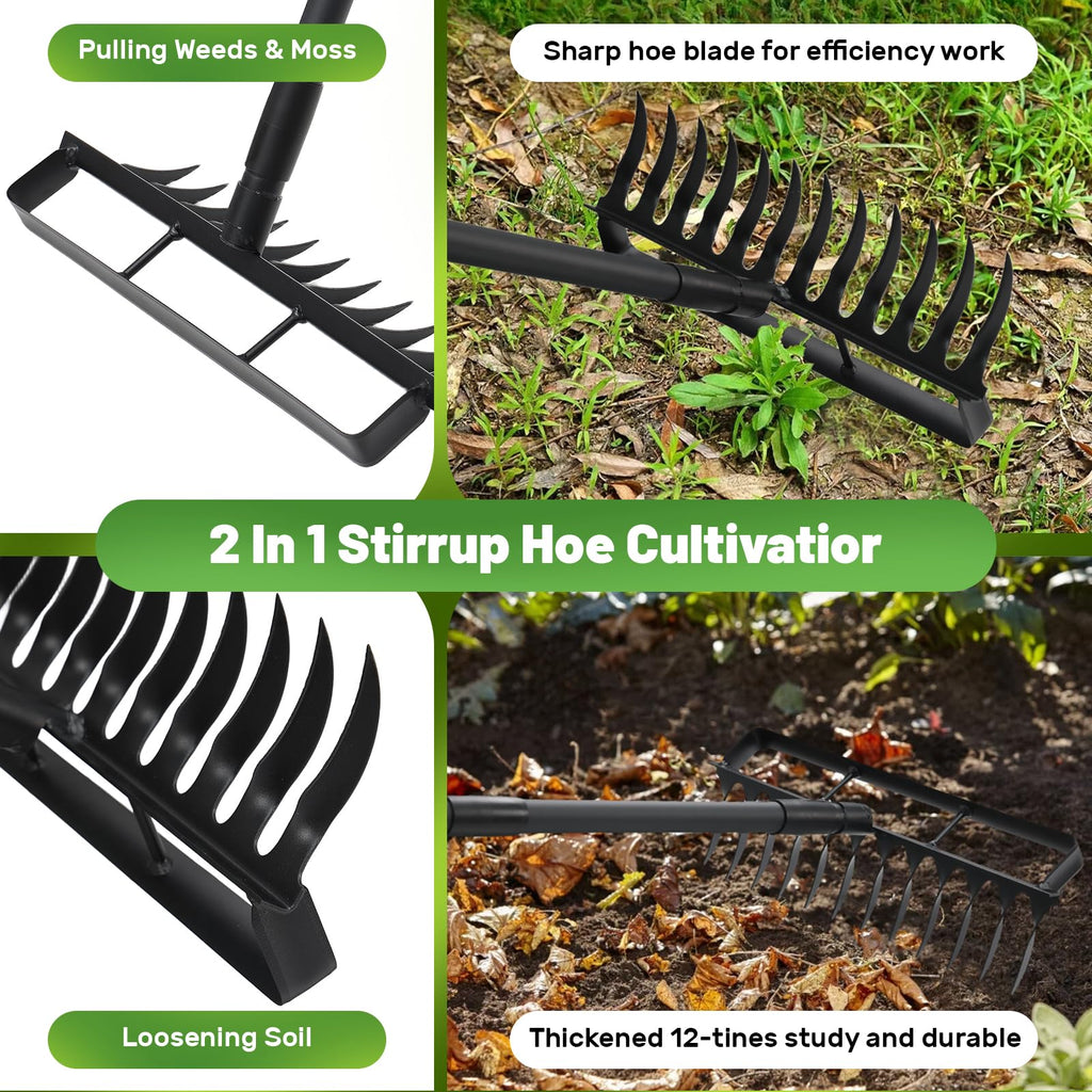 Weed Puller Tool with 76" Long Handle, 2 in 1 Hula Garden Hoe Tool, 12 Tines Garden Weeders Rake and Cultivators Tillers for Gardening, Weeding, Seeding, Ditching, Loosening