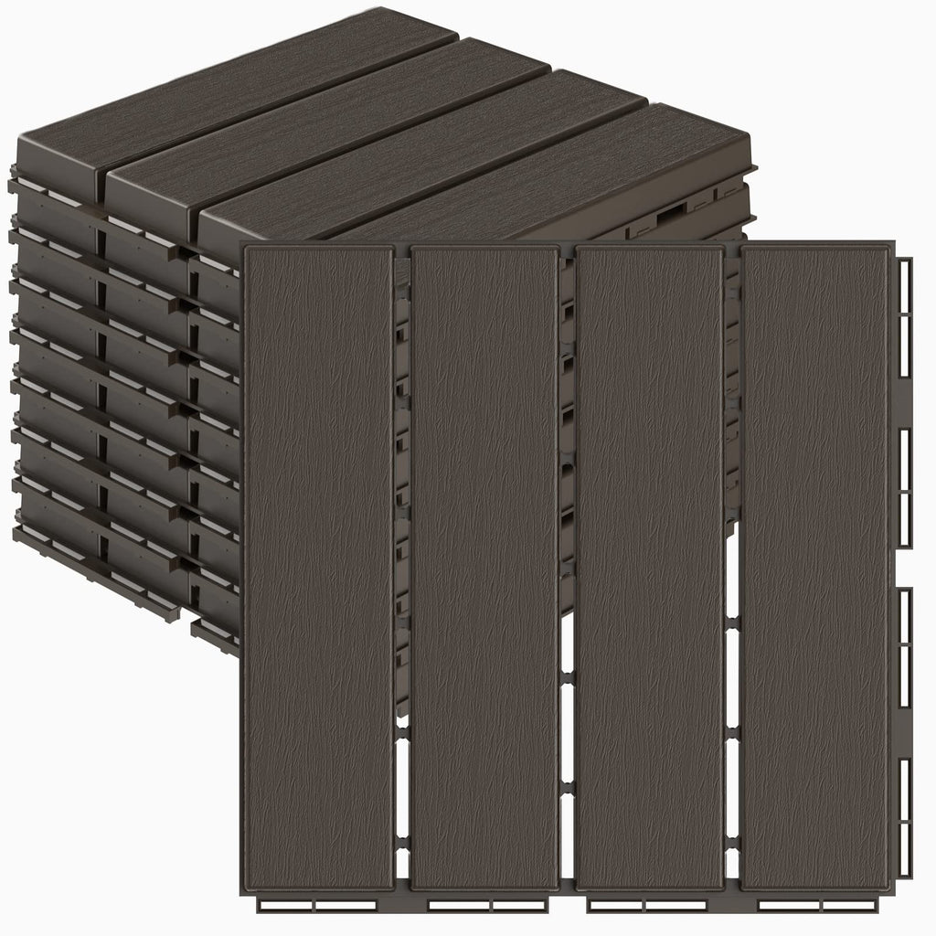 Goovilla Plastic Interlocking Deck Tiles, 9 Pack Balcony Flooring, 12"x12" Waterproof Outdoor Flooring All Weather Use, Patio Floor Decking Tiles for Porch Poolside Backyard Concrete, Dark Coffee