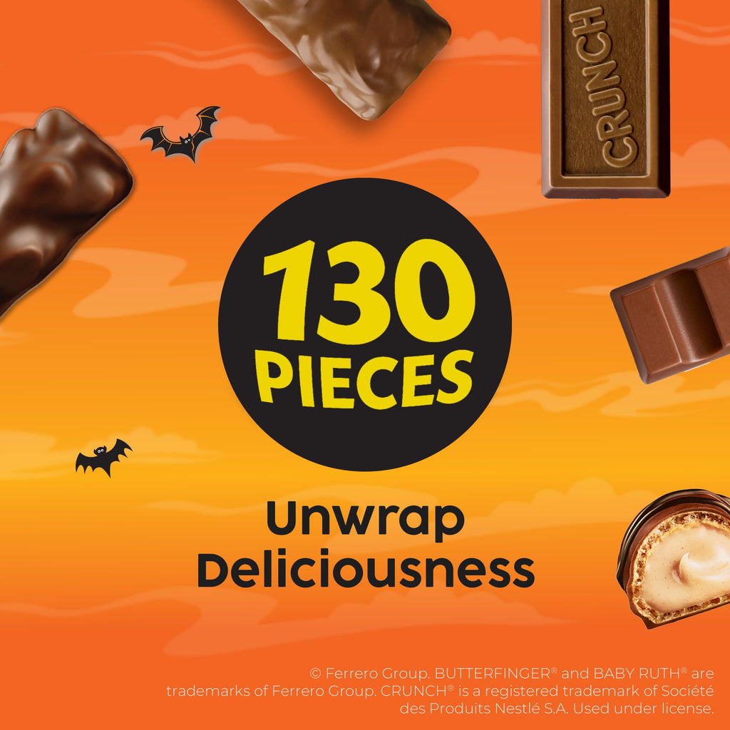 Butterfinger, CRUNCH, Baby Ruth, 100 Grand, Kinder Bueno, Kinder Chocolate, Halloween Candy Fun Size, 130 Minis, 36.9 oz