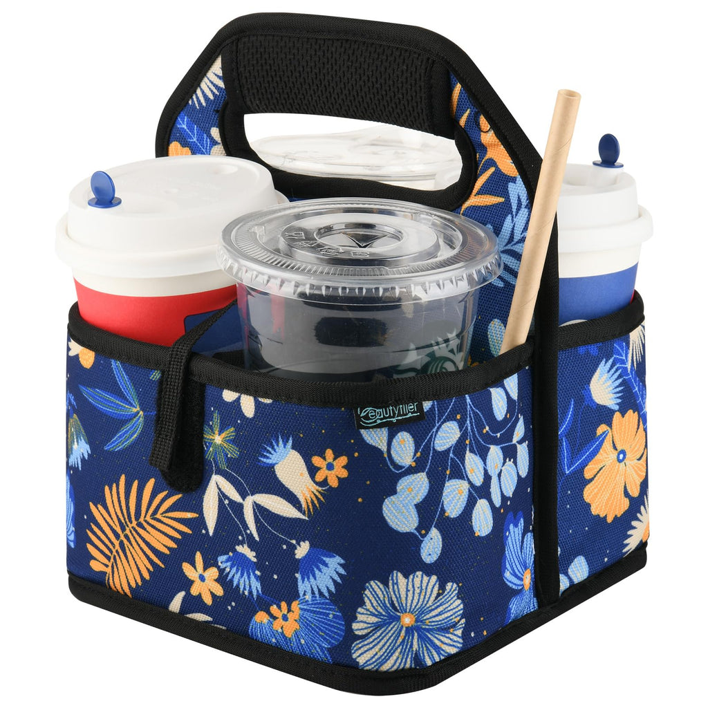 Beautyflier Reusable Insulated Coffee Cup Carrier, Portable Drink Holder with Handle Organizer Tote Bag for Hot & Cold Drinks (Blue Plants)