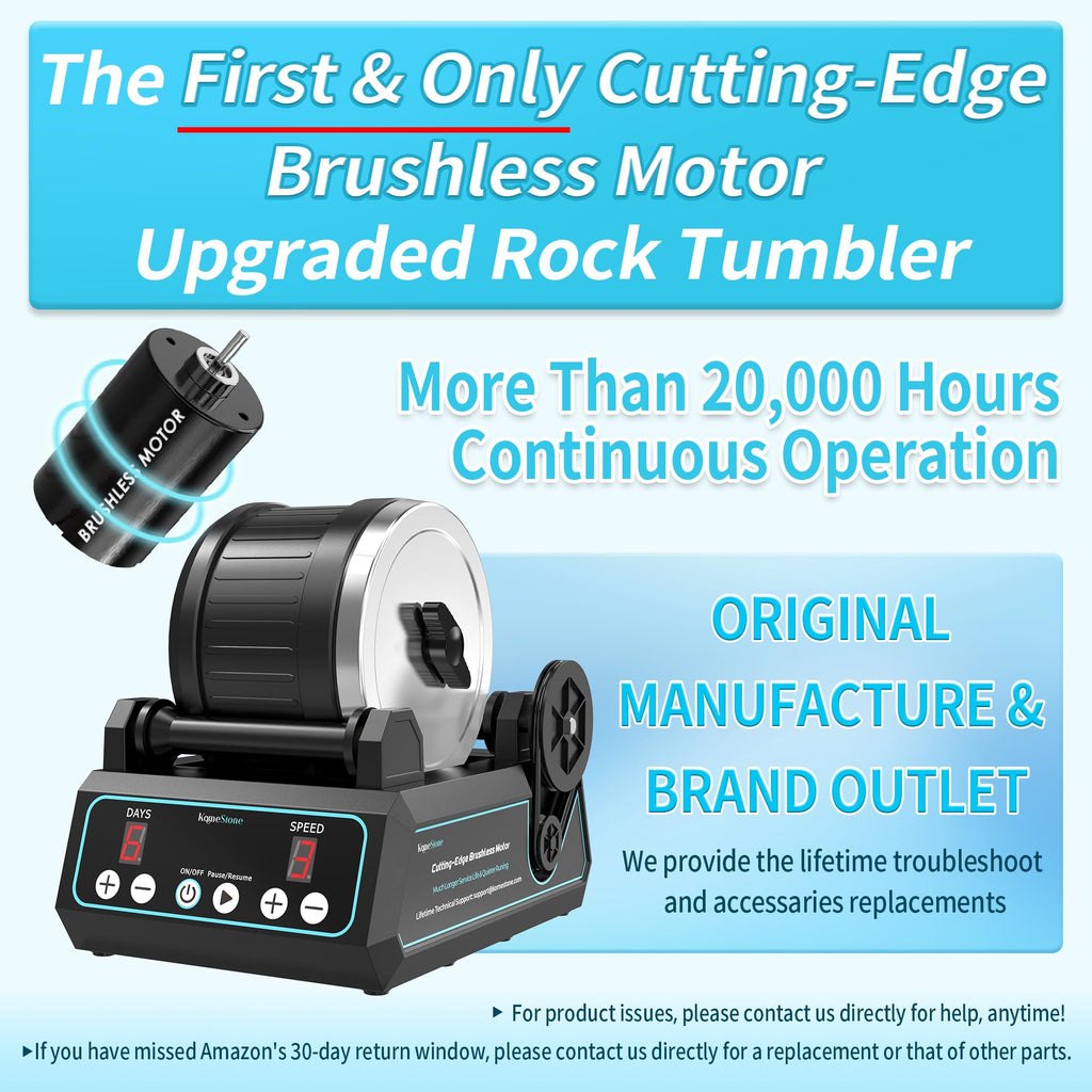 KomeStone K1 Pro Professional Cutting-Edge Brushless Motor Advanced Rock Tumbler Polisher Kit, Extra Large 2.5Lb Barrel with 3-Speed Motor 9-Day Timer, 6 Belts, Rough Gemstones, 4 Polishing Grits etc.