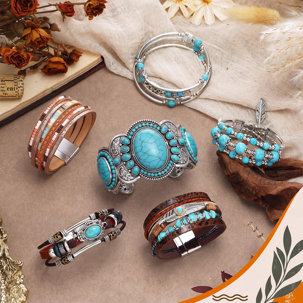 Sasylvia 6 Pcs Turquoise Bracelet for Women Leather Bracelet Western Jewelry for Women Multilayer Boho Cuff Bangle Set(Retro)