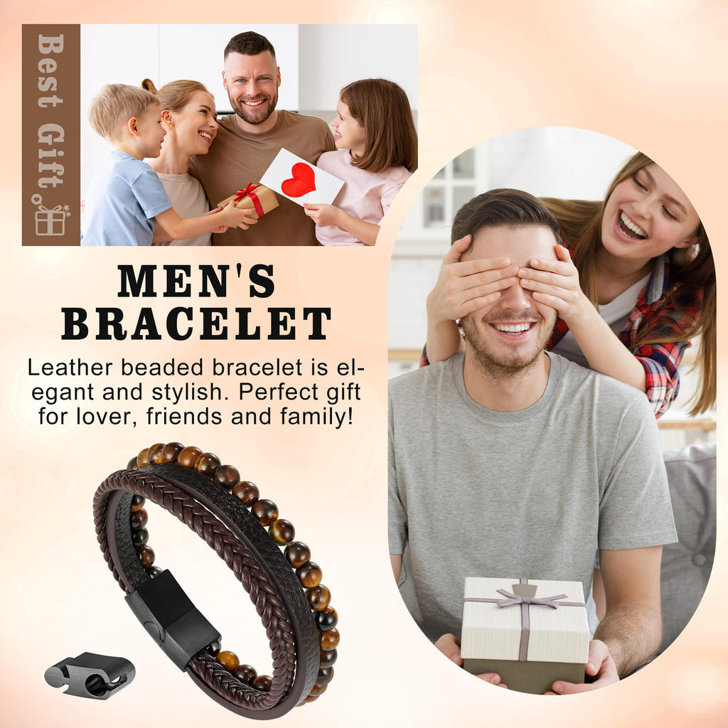 Ailetop Tiger Eye Bracelet Men - Mens Bracelets Beads Adjustable Braided Leather Bracelet for Men Brown Leather Mens Beaded Bracelets Men's Jewelry Birthday Gifts for Dad Husband Son