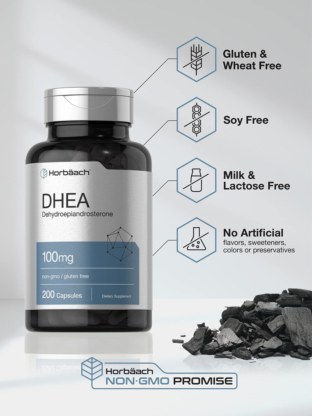 Horbäach DHEA 100mg | 200 Capsules | Supplement for Men and Women | Non-GMO, Gluten Free