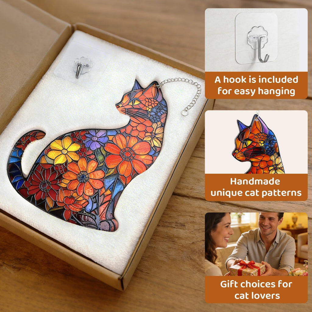 Stained Glass Window Hanging Sun Catchers with Cat Design